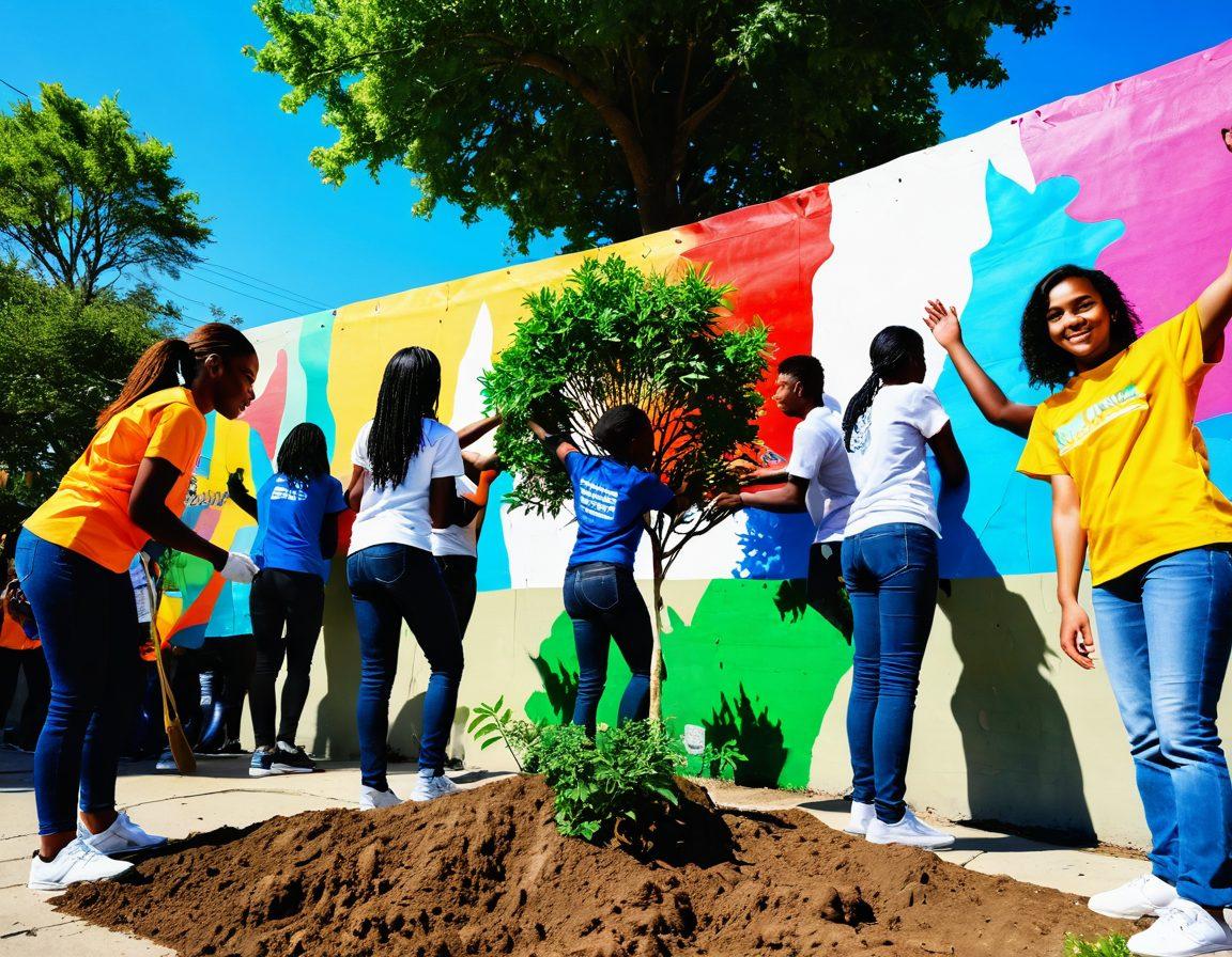 A diverse group of enthusiastic teenagers actively engaged in a community project, planting trees and painting murals, with a backdrop of colorful banners promoting leadership and teamwork. The scene should convey energy, collaboration, and a sense of purpose, highlighting the empowerment of youth in their community. sunlit atmosphere, rich details, vibrant colors, and a lively park setting. super-realistic. vibrant colors.