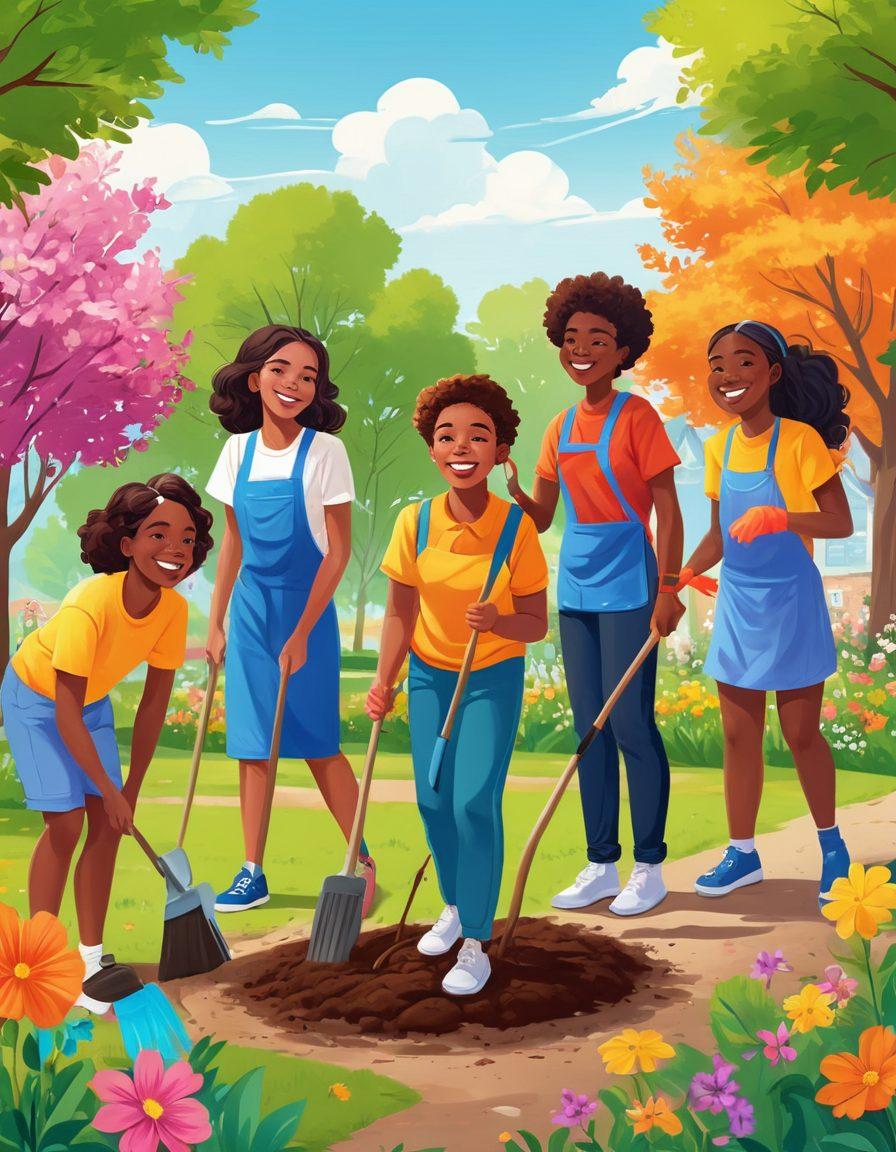 A diverse group of enthusiastic teens engaged in various community service activities, such as planting trees, tutoring children, and cleaning a park. Capture their joyful expressions and teamwork, set against a vibrant community backdrop with blooming flowers and smiling residents. Emphasize empowerment through collaboration and community spirit. bright colors. illustration style.