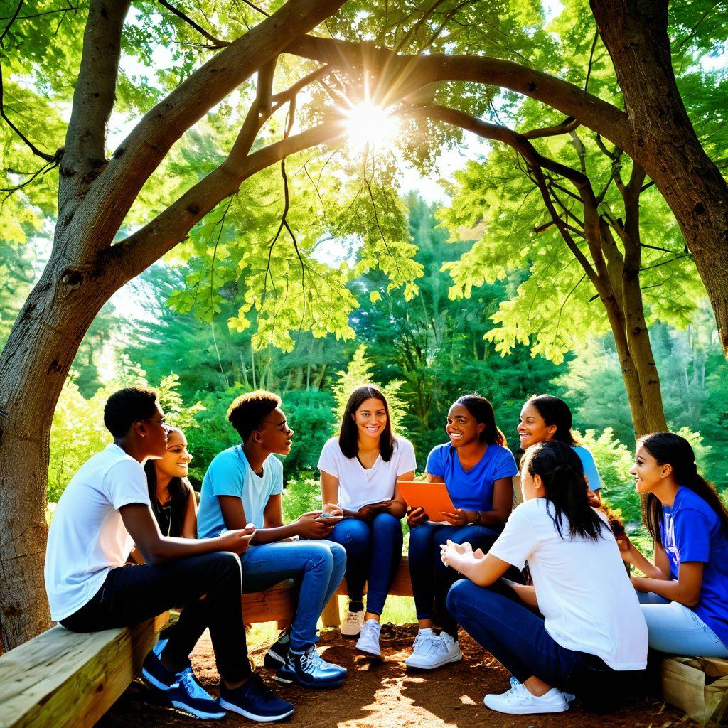 A vibrant scene showcasing a diverse group of teenagers engaged in a dynamic mentorship session outdoors, surrounded by nature. The mentors, representing various professions, are interacting enthusiastically with the teens, illustrating collaboration and growth. Sunlight filters through the trees, creating a warm and inviting atmosphere that symbolizes hope and potential. The scene should capture expressions of inspiration, curiosity, and connection. super-realistic. vibrant colors. natural setting.
